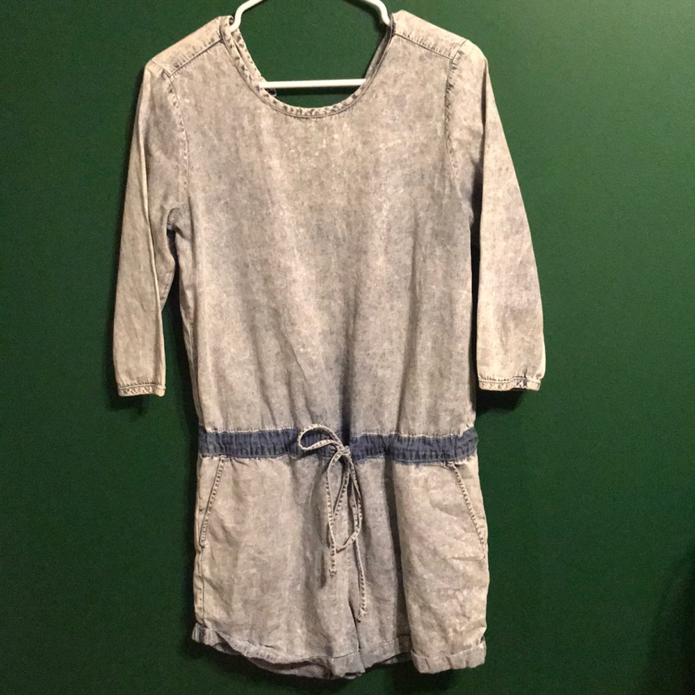 Denim/ Chambray Romper with Tie at Waist & Pockets